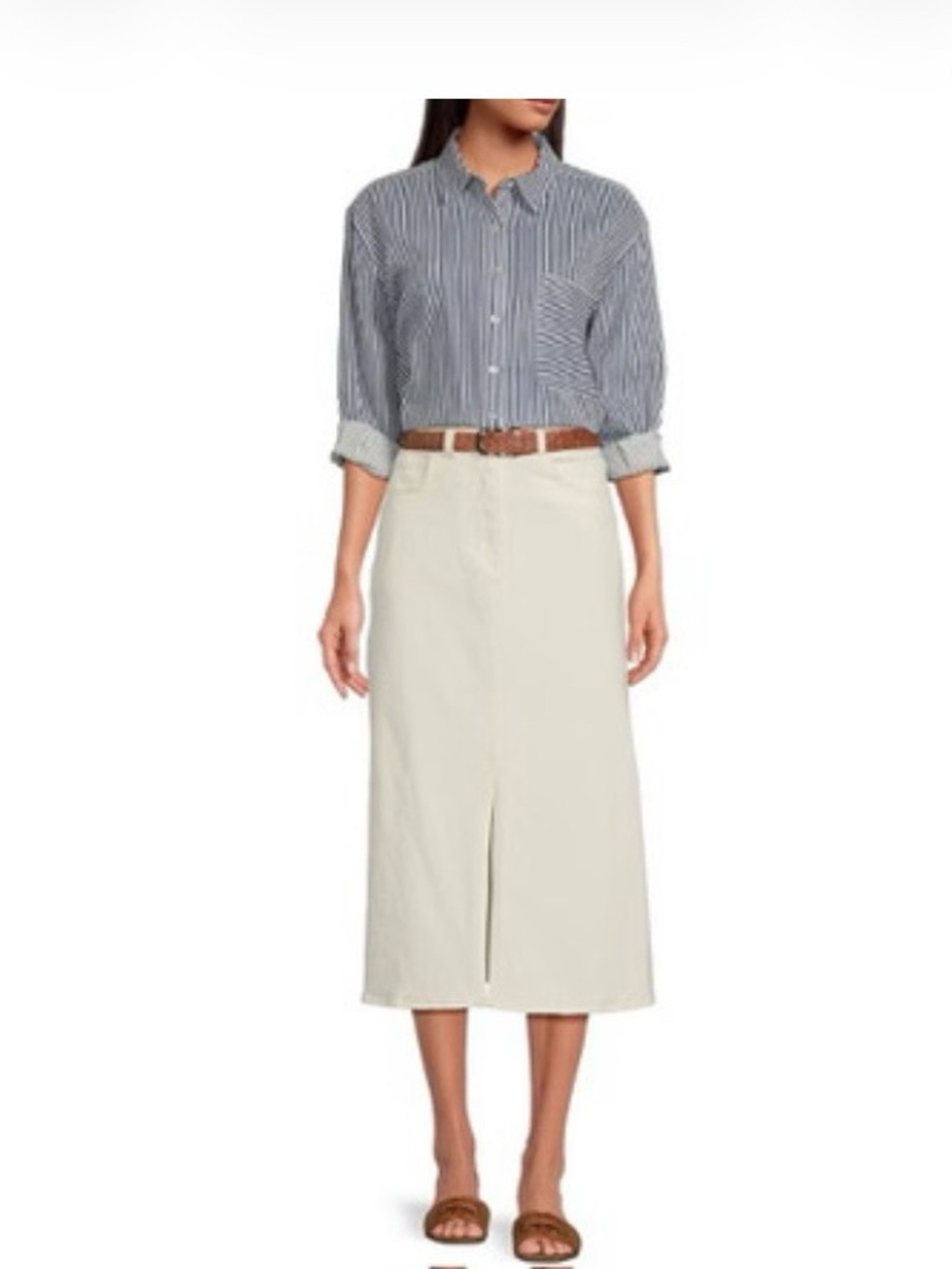 Classic European White Midi Skirt with Front Slit